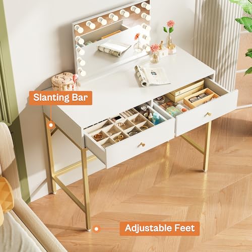 SUPERJARE 31.5" White and Gold Desk with 2 Drawers, Modern Vanity Desk - color: White and Gold, size: 31.5 inch