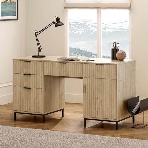 55" Fluted Executive Desk, Modern Home Office Desk with Charging Station, Keyboard Tray, File Drawer, Storage Cabinet for Work Study Writing Desk, Light Oak - color: Light Oak