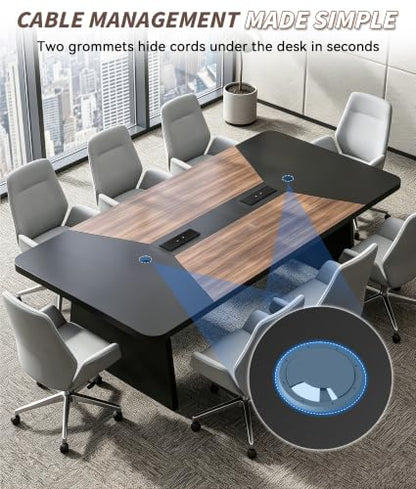 Ceridwen 8FT Conference Table, Rectangular Boardroom Table with Built-in Power & USB-C Ports, Heavy-Duty Meeting Table with Thick Tabletop & Trapezoid Legs for Office Conference Room - color: Walnut