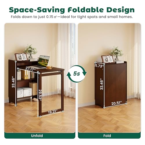 HDDFER Bamboo Folding Desk for Small Spaces,Hidden Desk with Storage Shelf, Foldable Computer Desk for Bedroom Home Office, Mid Century Modern Fold Out Table Writing Table, Walnut - color: Walnut