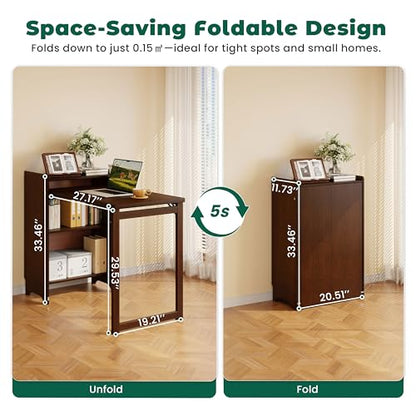 HDDFER Bamboo Folding Desk for Small Spaces,Hidden Desk with Storage Shelf, Foldable Computer Desk for Bedroom Home Office, Mid Century Modern Fold Out Table Writing Table, Walnut - color: Walnut