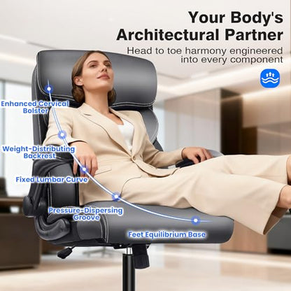 Office Chair - Executive High Back Breathable Comfy Desk Chair with Lumbar Support - Ergonomic Leather Rolling Swivel Computer Chair with Rock Function for Working Studying Gaming Relaxing