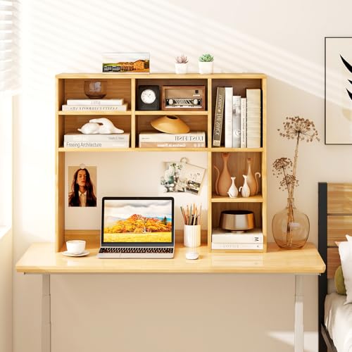 LDAILY Desktop Bookshelf, 37’’ Wood Desk Shelf with 7 Cubes & 3 Adjustable Shelves, 3-Tier Desk Display Rack, Desk Hutch for Dorm College Office Computer Monitor Up to 27’’ (Burlywood, 7 Shelves) - color: Burlywood, size: 7 Shelves