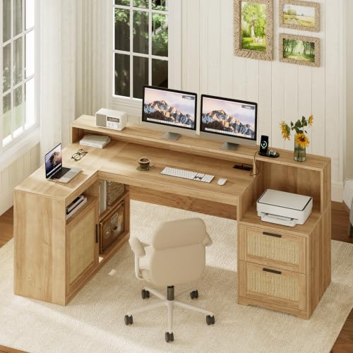 TVU Farmhouse L Shaped Desk with Drawers, 62.2" Home Office Desk with Storage Shelves and Power Outlet, L Shaped Computer Desk with Monitor Stand and Printer Shelf, Oak/Rattan - color: Oak/Rattan