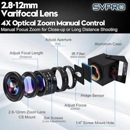 SVPRO 4K 60fps USB Camera with 2.8-12mm Manual Zoom Lens, HDMI/USB3.0 Dual Output, H.264/MJPEG, 4X Optical Zoom Webcam for PC, Mac, Raspberry Pi, Live Streaming, Video Conferencing, TV Monitor - color: 4K 60fps Camera with 2.8-12mm Lens