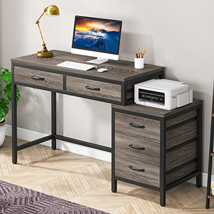 Little Tree 5 Drawers Computer Desk, Desk with Reversible File Drawer Cabinet for Home Office,Grey - color: Grey