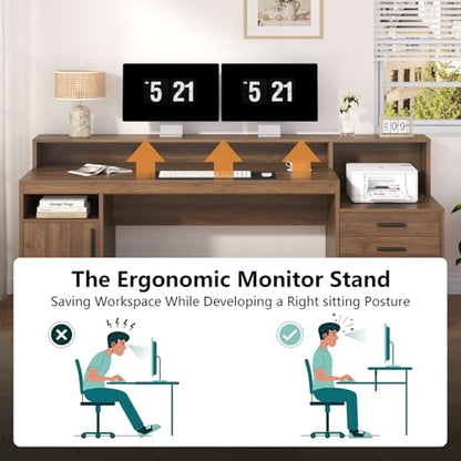 65" Computer Desk with 3 Drawers & Printer Shelf for Home Office | Office Desk with Printer Shelf & File Drawer, Executive Desk Writing Study Table with Monitor Stand, Brown - color: Brown