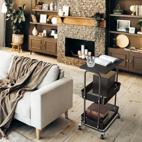 Simple Houseware 2-Tier Rolling Utility Cart Wood Top/Lockable Wheel, Black | Metal Storage Organizer Trolley for Kitchen, Bathroom, Office, Craft Room - color: Black