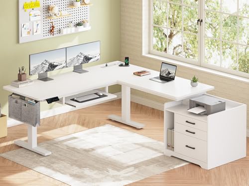 SEDETA L Shaped Electric Standing Desk with File Cabinet, 63 x 53'' Height Adjustable Home Office Computer Desk with Drawers, Power Outlet, Stand up Gaming Table with Led Lights, Keyboard Tray, White - color: White, size: 63 x 53'' L Shaped Standing Desk