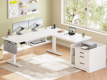 SEDETA L Shaped Electric Standing Desk with File Cabinet, 63 x 53'' Height Adjustable Home Office Computer Desk with Drawers, Power Outlet, Stand up Gaming Table with Led Lights, Keyboard Tray, White - color: White, size: 63 x 53'' L Shaped Standing Desk