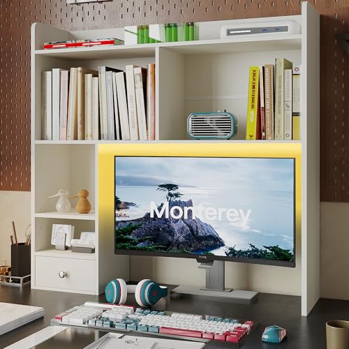 ChooChoo Desktop Bookshelf with Lights and 5 Shelves and 1 Drawer | 36.4" Tall Countertop Desk Hutch, Computer Desk, Desk Shelf Organizer, Dorm Office Home, White - color: White, size: 5 Shelves with Led