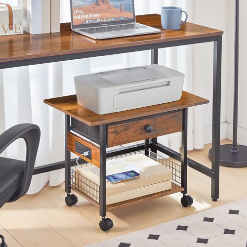 HOOBRO Printer Stand with Charging Station, 2-Tier Printer Cart, Under Desk Printer Table with Power Outlet, Wheeled Printer Table with Fabric Drawer, for Home Office, Rustic Brown and Black BF56UPS01