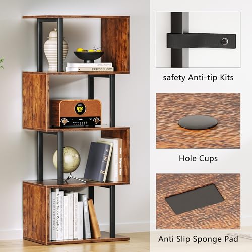Furologee 5 Tier Bookshelf, S Shaped Geometric Bookcase, Rustic Brown - color: Rustic Brown, size: 5 Tier