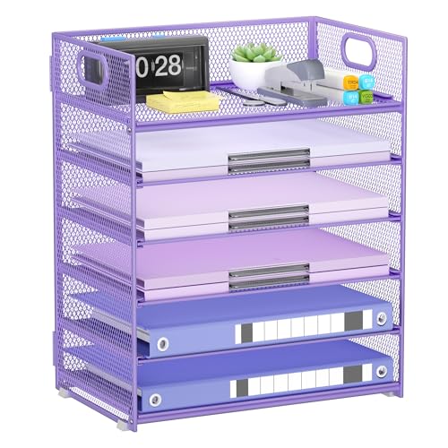 Purple Paper Organizer for Desk with Handle, 6-Tier | Metal Mesh File Organizer, Stackable Desktop Organizer for Office Supplies & Stationery Storage - color: Purple, size: 12.6" x 9.1" x 13.5"