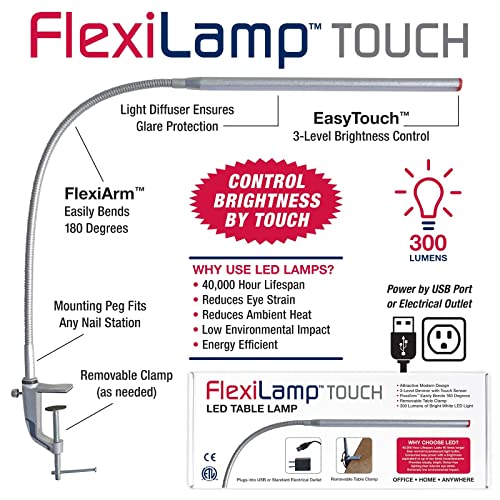 Americanails FlexiLamp Touch - LED Table Desk Lamp - Removable Clamp - Adjustable Lighting for Nail Stations - Manicure Table Light - Flexible Arm – 3 Brightness Levels - Touch Sensor - 300 Lumens - size: Standard
