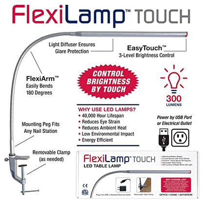 Americanails FlexiLamp Touch - LED Table Desk Lamp - Removable Clamp - Adjustable Lighting for Nail Stations - Manicure Table Light - Flexible Arm – 3 Brightness Levels - Touch Sensor - 300 Lumens - size: Standard