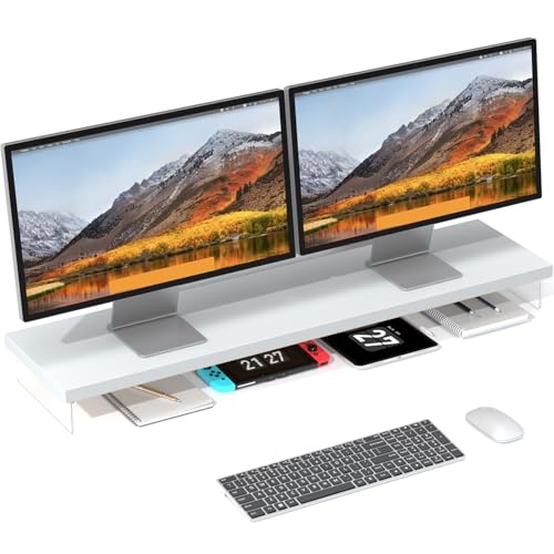 Dual Monitor Stand Riser, 40x10 in Wood & Acrylic Desktop Organizer Shelf - color: White, size: 40*10 Inch