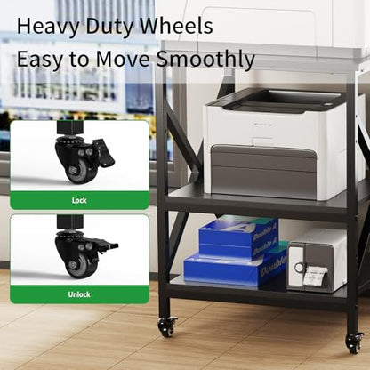 3 Tier Printer Stand, Large 23.6"x23.6" Printer Table with Wheels | 3d Rolling Printer Cart with Height Adjustable Storage Shelf,Fit printer/fax/3d/scanner for Home Office, Black - color: Black
