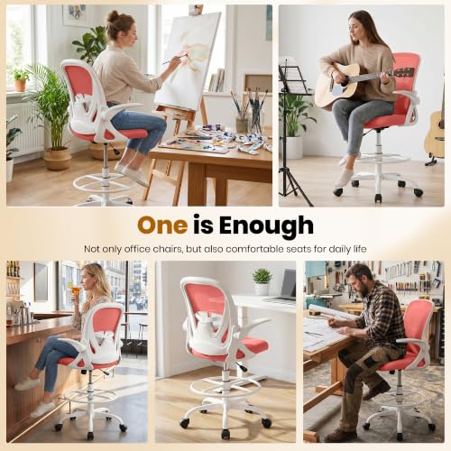 Drafting Chair Tall Office Chair with Flip-up Armrests Executive Ergonomic Computer Standing Desk Chair with Lumbar Support and Adjustable Footrest Ring (Grapefruit Pink - color: Grapefruit Pink, size: 934-Z