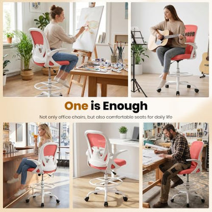 Drafting Chair Tall Office Chair with Flip-up Armrests Executive Ergonomic Computer Standing Desk Chair with Lumbar Support and Adjustable Footrest Ring (Grapefruit Pink - color: Grapefruit Pink, size: 934-Z