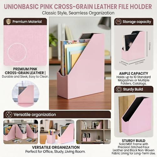 UnionBasic Magazine File Holder, Leatherette Desktop Document Organizer, Home Office Paper Holder File Storage Literature Sorter, Pink - color: Pink