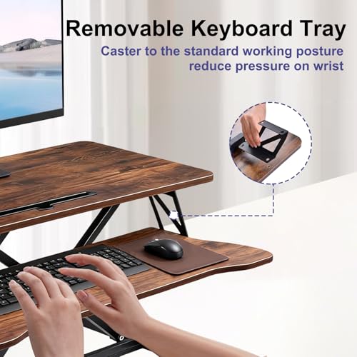 38-inch Standing Desk Converter Height Adjustable Sit to Stand Up Workstation, Duals Monitor and Laptop Riser with Wide Keyboard Tray, for Home, School, Company, Brown - color: Brown