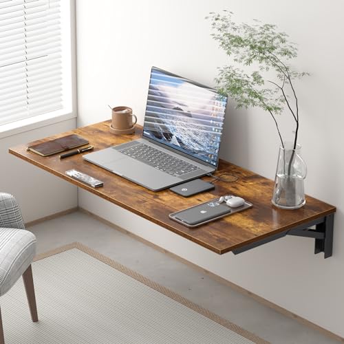Need 36x20IN Wall Mounted Folding Table for Office Laundry Retro - color: Rustic Brown Desktop & Black Shelf Brackets, size: L36" * W20"