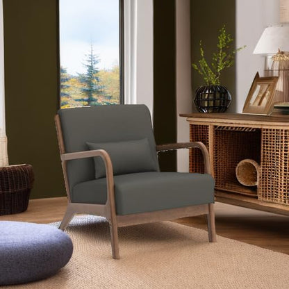 INZOY Mid Century Modern Accent Chair with Wood Frame, Upholstered Living Room Chairs with Waist Cushion, Reading Armchair for Bedroom Sunroom (Green) - color: A-blackish Green