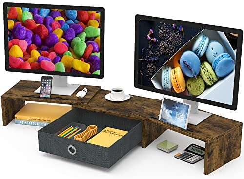 WESTREE Dual Monitor Stand Riser with Drawer, 3 Shelf Computer Monitor Riser with Adjustable Length and Angle, Desktop Monitor Stand Riser Storage Organizer for 2 Monitors
