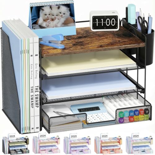 Desk Organizer, 4-Tier Desktop File Organizer with Drawer and Pen Holders, Office Desk Accessories, File Sorters, Workspace Organizers for Office Supplies(Wood) - color: Wood, size: 4T