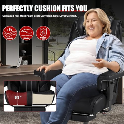 400lbs Big and Tall Office Chair, Wide Ergonomic Leather Executive Chair for Heavy People with Foot Rest, High-Back Reclining Computer Chair with Swivel Wheels and Lumbar Support (Black)