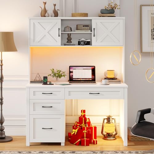 Halitaa Farmhouse 67" H Executive Desk with Hutch & Drawers,Cream White | Office Desk with LED Light, Wood Workstation for Home Office and Study, Computer Desk with File Drawers, Charging Station. - color: Cream White, size: Left Cabinet 4-Drawer