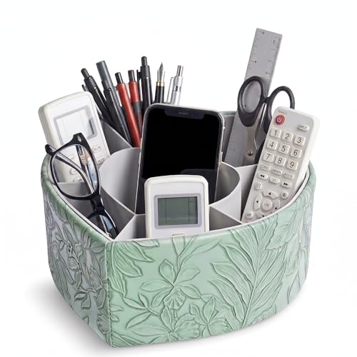 Heart Shaped Leather Art Supply Organizer,Remote Control Holder,360 Degree Spinning,Multi-Functional Pencil Holder,7 Compartments Desktop Stationary Organizer(1-Heart Green) - color: 1-6Heart Green, size: 360 Degree Rotation