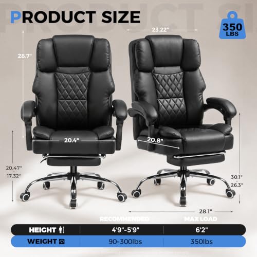 GTPLAYER Executive Office Chair Big and Tall Leather Gaming Chair with Pocket Spring Cushion & Ergonomic Lumbar Support for Lower Back Pain Relief, Comfy Desk Chair with Footrest, Matte-Black - color: Matte-black, Leather