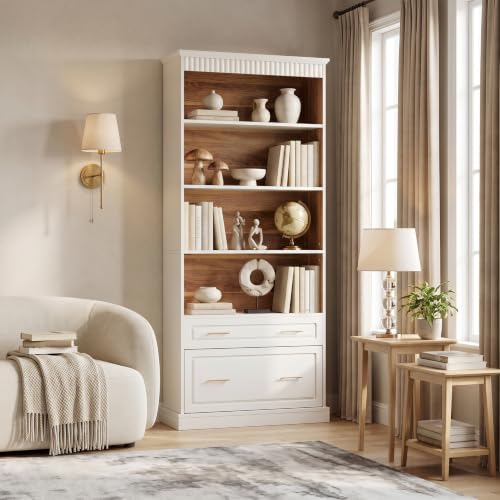 LITTLE TREE 72" Tall White Bookcase, 5-Tier Office Bookself with File Cabinet Drawers,Modern Floor Standing Storage Filing Cabinet Book Shelf for Living Room,Bedroom(2 Piece,White) - color: White