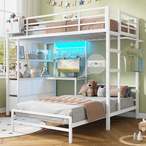 DICTAC Bunk Bed with L-Shaped Desk,5 Storage Drawers and 2 Shelves Metal Twin XL Over Twin Bunk Bed with LED Lights and Charging Station,bunk Beds with Safety Guardrail & Ladder,Space-Saving,White - color: White, size: Twin XL Over Twin