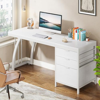 Tribesigns 59 Inch Computer Desk with 3 Drawers, Industrial PC Desk Study Writing Table Workstation with File Storage, Home Office Desks with Large Desktop and Metal Frame, (White) - color: White