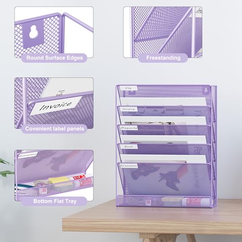EasyPAG 5 Tier Wall File Holder, Mesh Hanging Folder Organizer with Classify Label, Versatile Desk File Holder, Vertical Wall Mounted Mail Organizer for Office Home Cubicle, Purple - color: Purple