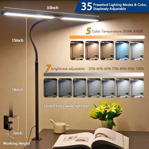 33Inch Desk Lamp for Home Office, Eye-Caring Architect Desk Lamp with Clamp, 24W Ultra Bright Auto Dimming Computer Light Stepless Dimming and Tempering Table Light for Reading, Study, Work