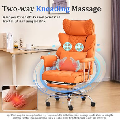 500 Lbs Kneading Massage Office Chair with Foot Rest Reclining | Orange, Ergonomic Computer Chair, High Back Thick Cushion, Big & Tall, Comfy Leather, Heavy Duty Home Executive - color: Orange