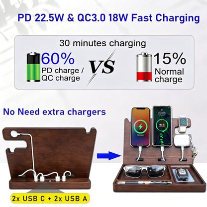 Wood Phone Docking Station with 4 USB Outputs Nightstand Organizer for Men - color: Walnut color