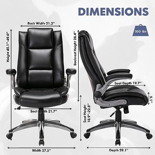MALOL Leather Executive Office Chair - High Back Home Computer Desk Chair with Padded Flip-up Arms, Adjustable Tilt Lock, Swivel Rolling Ergonomic Chair for Adult Working Study, Black - color: Black