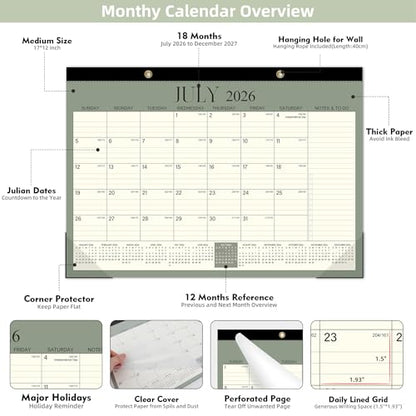 Tcamp Desk Calendar 2026-2027, Large Desktop/Wall Monthly Calendar - color: Green, size: 17"x12"(Jul 2026-Dec 2027)