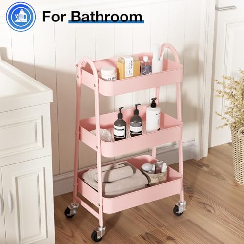DUMOS 3 Tiers Rolling Cart, Utility Cart, Metal, Pink | Mobile Storage, Lockable Wheels, Utility Shelving Unit, Kitchen, Bathroom, Laundry, Narrow Places - color: 3 Tiers Pink