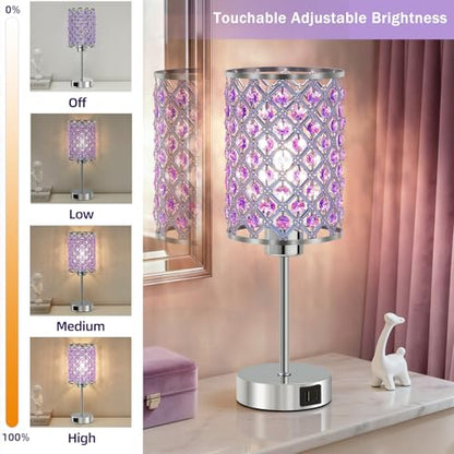 Crystal Table Lamp, Purple Touch Lamp with USB C+A Port, 3-Way Dimmable - color: Purple-1, size: 14.75"