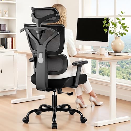 Ergonomic High Back Mesh Office Chair, Lumbar Support (Black) | Smooth 90° to 135° recline for work, read, or rest. Swivel big and tall gaming Chair. Adjustable armrest headrest height. - color: Black