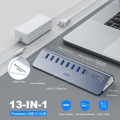 Powered USB Hub 10Gbps, Intpw YH9AC Plus 13-Port USB 3.2 Hub(USB A+USB C 3.2+6 USB-A 3.0+2 PD 45W Fast Charging Port+SD/TF Card Reader), 65W Power Adapter,Aluminum USB HUB for PC,Laptop,iPhone 17/16 - color: Gray, size: 13 Port