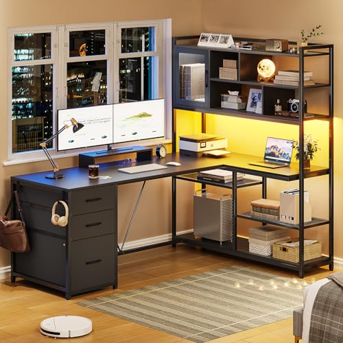 SEDETA 58'' L Shaped Computer Office Desk with 3 Drawers and Bookshelf - color: Black