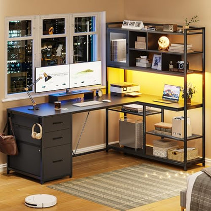 SEDETA 58'' L Shaped Computer Office Desk with 3 Drawers and Bookshelf - color: Black