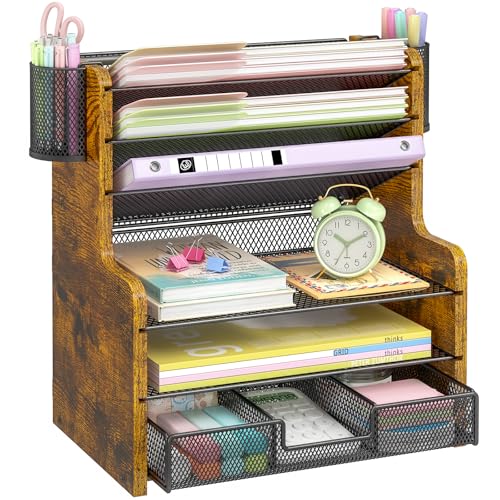 DAOUTIME 6-Tier Mesh Desk Organizer with Drawer, Wooden Office Organizer for Papers, Folders & Office Supplies - Sturdy Desktop File Holder with 2 Pen Holders - Space Saving Home Office Accessories